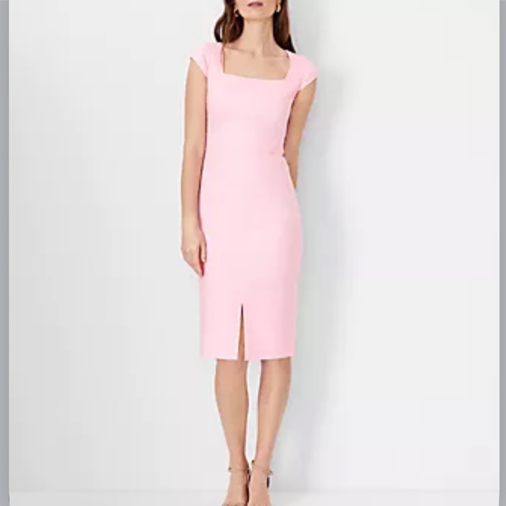 NWT Ann Taylor Scooped Square Neck Sheath Dress In Linen Blend, Pastel Pink, 00